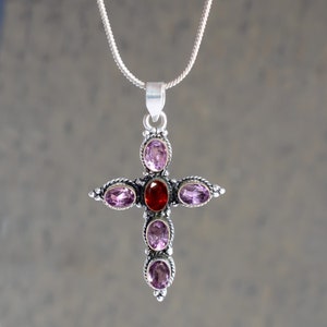 Amethyst Garnet Cross Pendant/ Cross Pendant Necklace Jewelry, Cross Pendant, 925 Sterling Silver, Religious Christmas Gift Jewelry