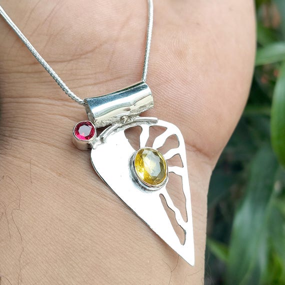 Faceted Garnet Citrine Pendant, Christmas Gift, 925 Sterling