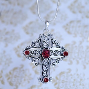 Red Garnet Cross Necklace: Handmade Sterling Silver Religious Pendant