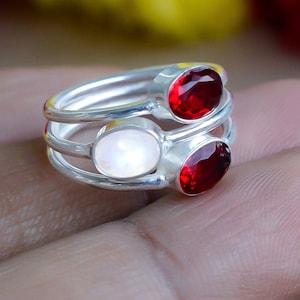 Rainbow Moonstone & Garnet Ring, Boho Ring, 925 Sterling Silver Ring, Three Band Ring, Three Stone  Handmade ring, Valentine&#39;s day gift ring