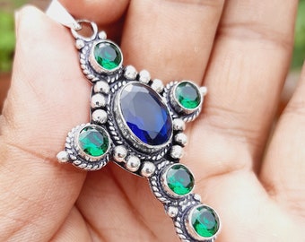 Tanzanite & Chrome Diopside Cross Pendant: Sterling Silver Handmade Jewelry