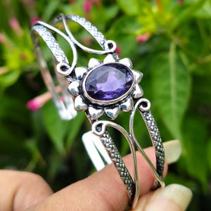 Amethyst Cuff Bangle: Handmade 925 Sterling Silver Adjustable Bracelet