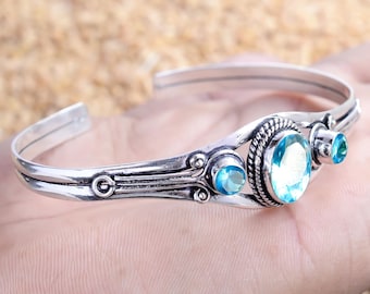 Handmade Swiss Blue Topaz Sterling Silver Cuff Bangle