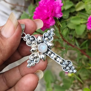 Pendentif Croix Grecque En Argent 925 Avec Cinq Pierres De Lune - Neuf Avec étiquettes