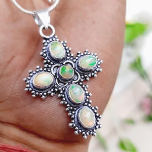 Ethiopian Opal Cross Pendant: Handmade 925 Sterling Silver Necklace