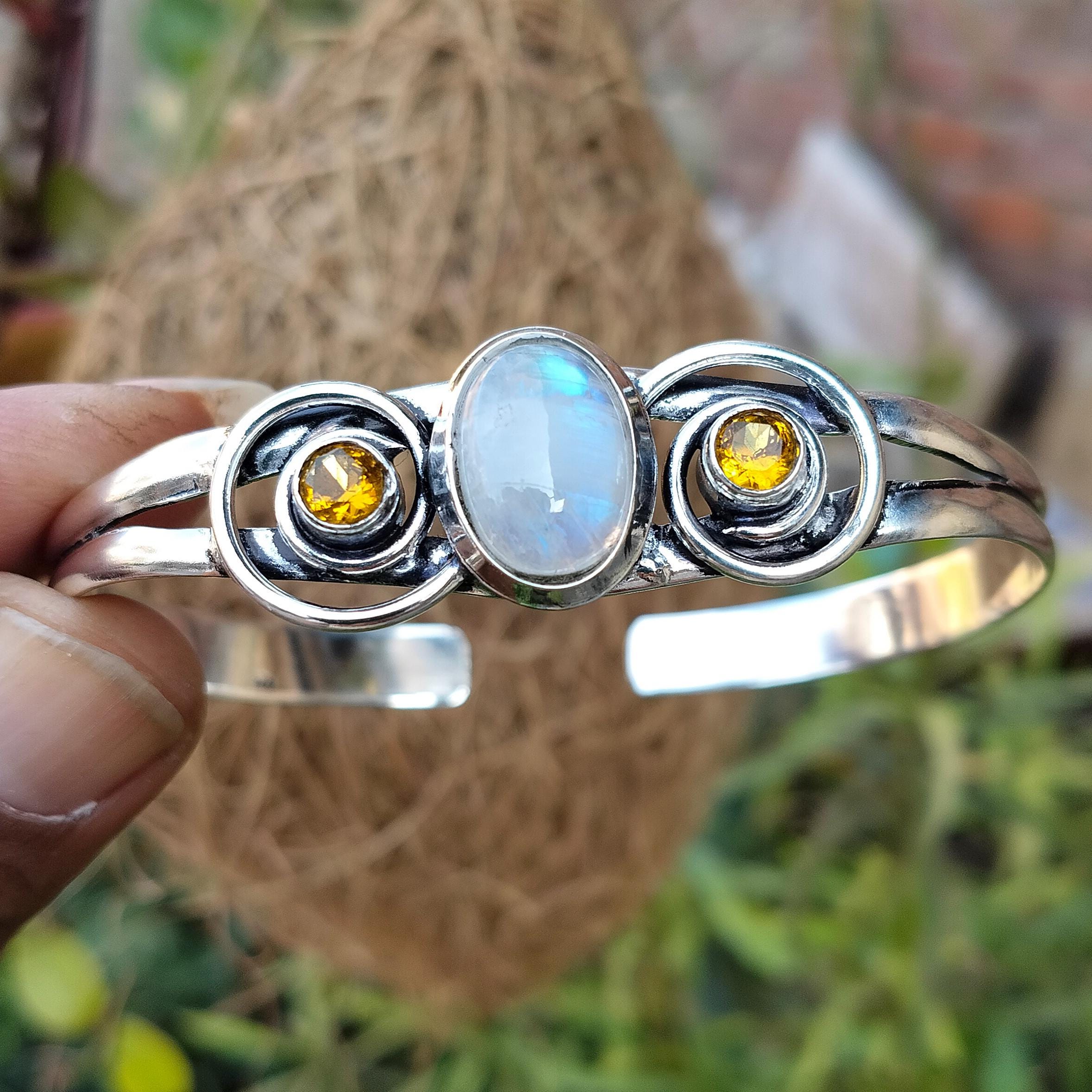 Bracelet Manchette En Argent Sterling 925 Avec Topaze Citrine Et Pierre De Lune Bleue - Réglable, Fait Main