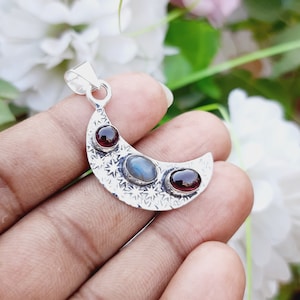 Handmade Sterling Silver Crescent Pendant: Labradorite & Red Garnet