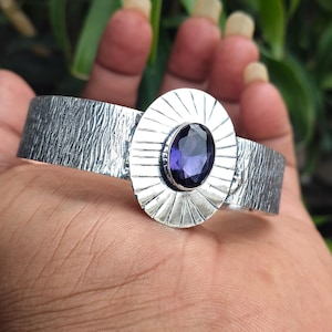 Faceted Amethyst Gemstone Cuff Bangle, 925 Sterling Silver Cuff Bracelet, Handmade February Birthstone Gifted Christmas Bracelet Jewelry