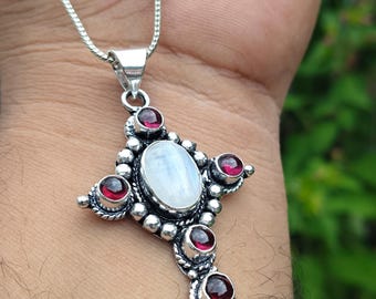 Pendentif croix pierre de lune grenat : bijoux en argent sterling faits main