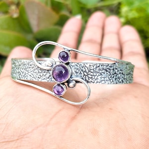 Amethyst Bracelet Natural Amethyst Stone 925 Sterling Silver Cuff Bangle bracelet All Size, February Birthstone, Free Shipping, Gifted Love