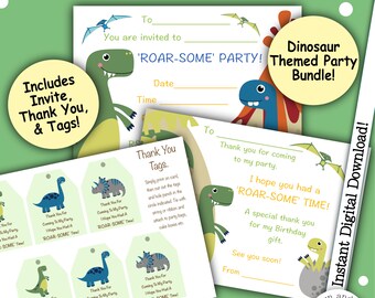 Dinosaur Party Stationary, Dino Birthday Party Invites, Party Invitations, Thank You Notes, Party Bag Tags, Cake Bag Tags, Party Bundle
