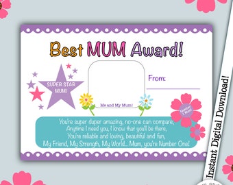 Best Mum Award, Certificate For Mum, Thank you Mum, Best Mom, Mother's Day, Birthday Token, Mum Gift, Birthday Card, Printable Certificate