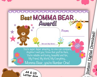 Best Momma Bear Award Certificate, Best Mum Award, Mother's Day, Mom's Birthday, Thanks Mom, Momma Gift, Appreciation Certificate, Thank you