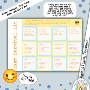 Puede incluir: Un "Kit de supervivencia para exámenes" imprimible con un diseño alegre. El kit incluye un marcapáginas de estudio con mensajes alentadores y sugerencias como palomitas de maíz, un KitKat, una manzana y pañuelos. El texto "You've Got This!" también está incluido.