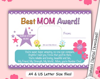 Best Mom Award, Mom Certificate, Thank you Mom, Mom Gift, Mother's Day, Mom's Birthday, Downloadable Certificate, Print At Home, Ta Mom