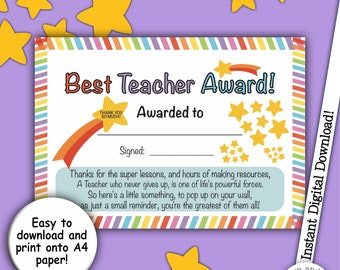 Best Teacher Award, Teacher Thank You Card, Thanks Teacher, Award Certificate, End of Year Gift, Teacher Gift, Thanks Teacher, Reward Chart