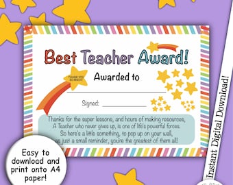 Best Teacher Award, Teacher Thank You Card, Thanks Teacher, Award Certificate, End of Year Gift, Teacher Gift, Thanks Teacher, Reward Chart