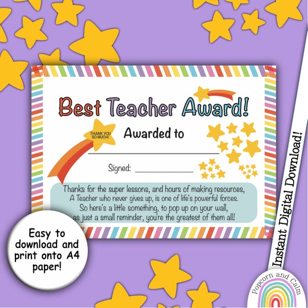 Best Teacher Award, Teacher Thank You Card, Thanks Teacher, Award Certificate, End of Year Gift, Teacher Gift, Thanks Teacher, Reward Chart