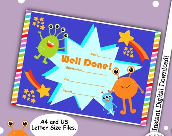 Well Done Certificate, Downloadable Reward, Printable Certificate, A4, A5 & US Letter Size PDF Printable, Teacher Resource, Kids Certificate
