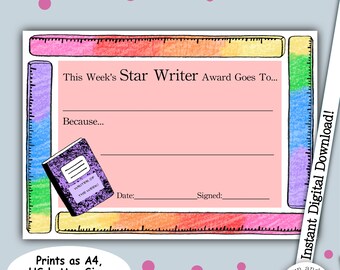 Star Writer Award, Teaching Award, Educational Certificate, School Resource, Literacy Resource, Young Writers,  Class Resource, Printable