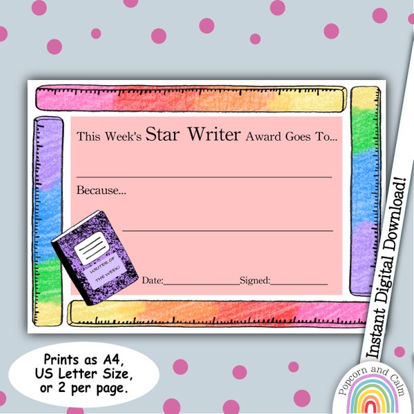 Star Writer Award, Teaching Award, Educational Certificate, School Resource, Literacy Resource, Young Writers,  Class Resource, Printable
