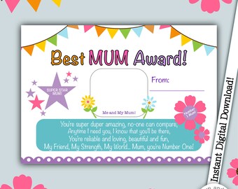 Best Mum Award, Thank You Mum, Mum You're The Best, Certificate For Mum, Best Mom, Mother's Day, Mum Appreciation, Top Mum, Thank You Card