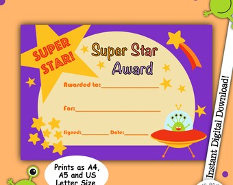 Super Star Award, Reward Certificate, Downloadable Certificate, Printable Certificate, Teaching Resource, Well Done Prize, School Printable
