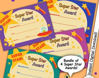 Super Star Award Bundle, Certificates, Congratulations, 4 Well Done Certificates, Printable Certificate, Classroom Reward, Teacher Resources