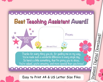 Best Teaching Assistant Award, Thank You T.A, Best Classroom Assistant, Teacher Appreciation, Downloadable Certificate, Print At Home