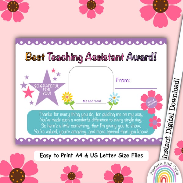 Best Teaching Assistant Award, Thank You T.A, Best Classroom Assistant, Teacher Appreciation, Downloadable Certificate, Print At Home