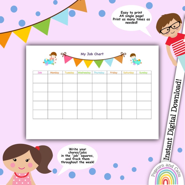 My Job Chart, Daily Tasks List, Printable Daily Jobs Chart, Children's Daily Jobs Poster, Downloadable Job Chart, Home Organisation Idea