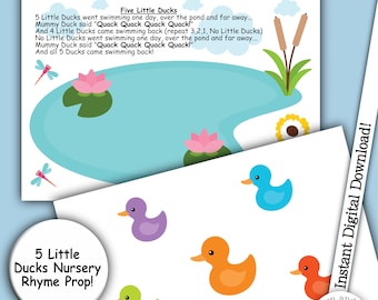 Canción infantil de los cinco patitos, rimas para contar, recurso musical, rimas y poemas, recurso de aprendizaje, actividad preescolar, canciones para niños
