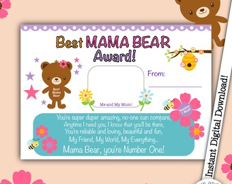 Best Mama Bear Award, Best Mum, Thank You Mum, Top Mom, Mama Bear Certificate, Mother's Day, Mum's Birthday, Mum Appreciation, Downloadable