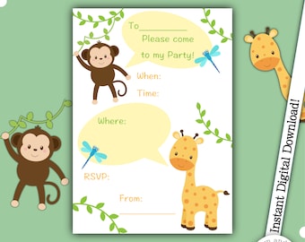 Party Invitation, Children's Party Invite, Birthday Party Invitation, Jungle Party, Printable Invite, Kids Party, Jungle Themed Party
