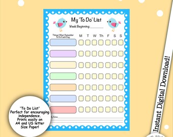 To Do List, Jobs Chart, Chore Chart, Organisational Chart, Promoting Independence in Children, Activity Chart, List of Jobs printable.