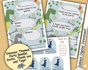 Birthday Party Stationary Bundle, Dinosaur Party Invitation, Dinosaur Thank You Notes, Dinosaur Party Bag Tags, Cake Box Tags, Digital Files