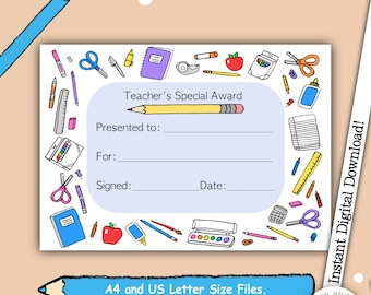 Teacher's Special Award, Certificate, Academic Award, Educational Resource, School Award, Teaching Certificate, Pupil Certificate, Well Done