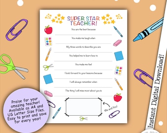 Super Star Teacher, Best Teacher Award, Top Teacher Certificate, Thank You Teacher, Teacher Gift, Teacher Appreciation, End Of Year, School