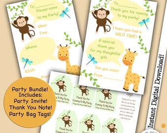 Jungle Party Invitations, Party Thank You Note, Party Bag Tags, Party Bundle, Kids Party Stationary, Childrens Party, Jungle Themed Birthday