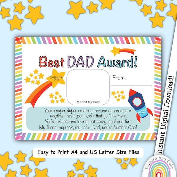 Best Dad Award, Father's Day Printable, Gift For Dad, Dad's Birthdays, Father's Day Token, Best Dad Certificate, Award for Daddy, Best Dad!