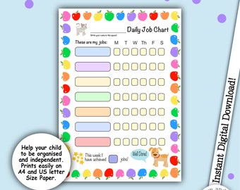 Daily Job Chart, Chore Chart, Daily Activity Chart, To Do List, Home Organisation, Printable Chart, Instant Download, Kids Reward Chart