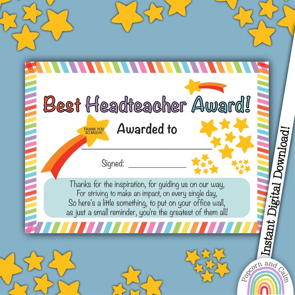 Best Headteacher Award, Headteacher Certificate, Teacher Appreciation, Thank You Teacher, End of Academic Year, Teacher Gift, Principal