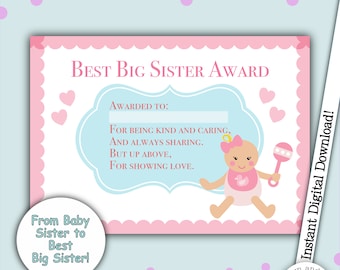 Best Big Sister Award, Thank You For Being My Sister, Sister Appreciation, Sister Gift, New Baby, Certificate For Kids, Printable, Download
