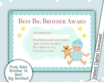 Best Big Brother Award, Big Brother Certificate, Well Done Certificate, Big Brother Gift, New Baby Card, Sibling Gift, Kids Token, Big Bro