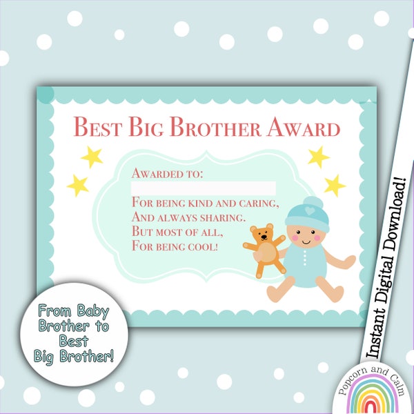 Best Big Brother Award, Big Brother Certificate, Well Done Certificate, Big Brother Gift, New Baby Card, Sibling Gift, Kids Token, Big Bro