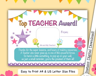 Top Teacher Award, Best Teacher Certificate, Thank You Teacher, Teacher Gift, Educator Gratitude, Thanks Teacher, Teacher Appreciation