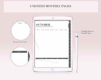 Minimal Undated Digital Planner | Academic Year (October - September), full navigation links, iPad planner, vertical layou