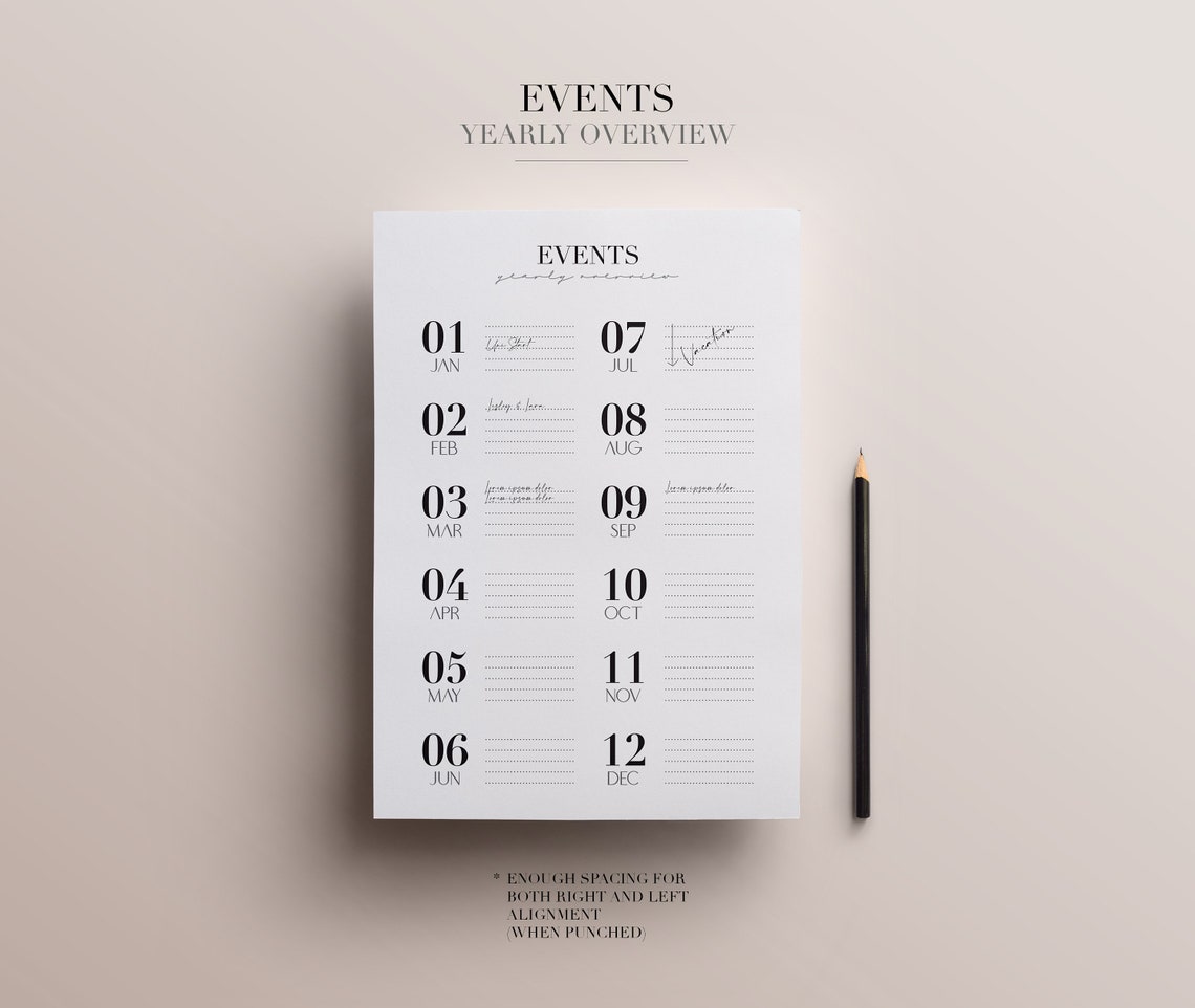 Minimal Yearly Event Overview Planner Insert Single Page