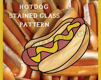 May include: A stained glass pattern design of a hot dog with mustard on a bun. The design is surrounded by a background of hot dogs.