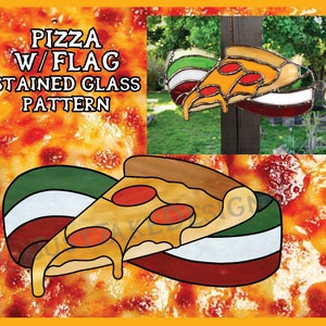 May include: Stained glass pattern for a pizza slice with an Italian flag design. The pattern includes green, white, and red colors. The pizza slice has pepperoni and cheese.